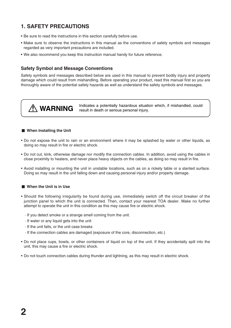 Warning, Safety precautions | Toa RM-1100 User Manual | Page 2 / 8