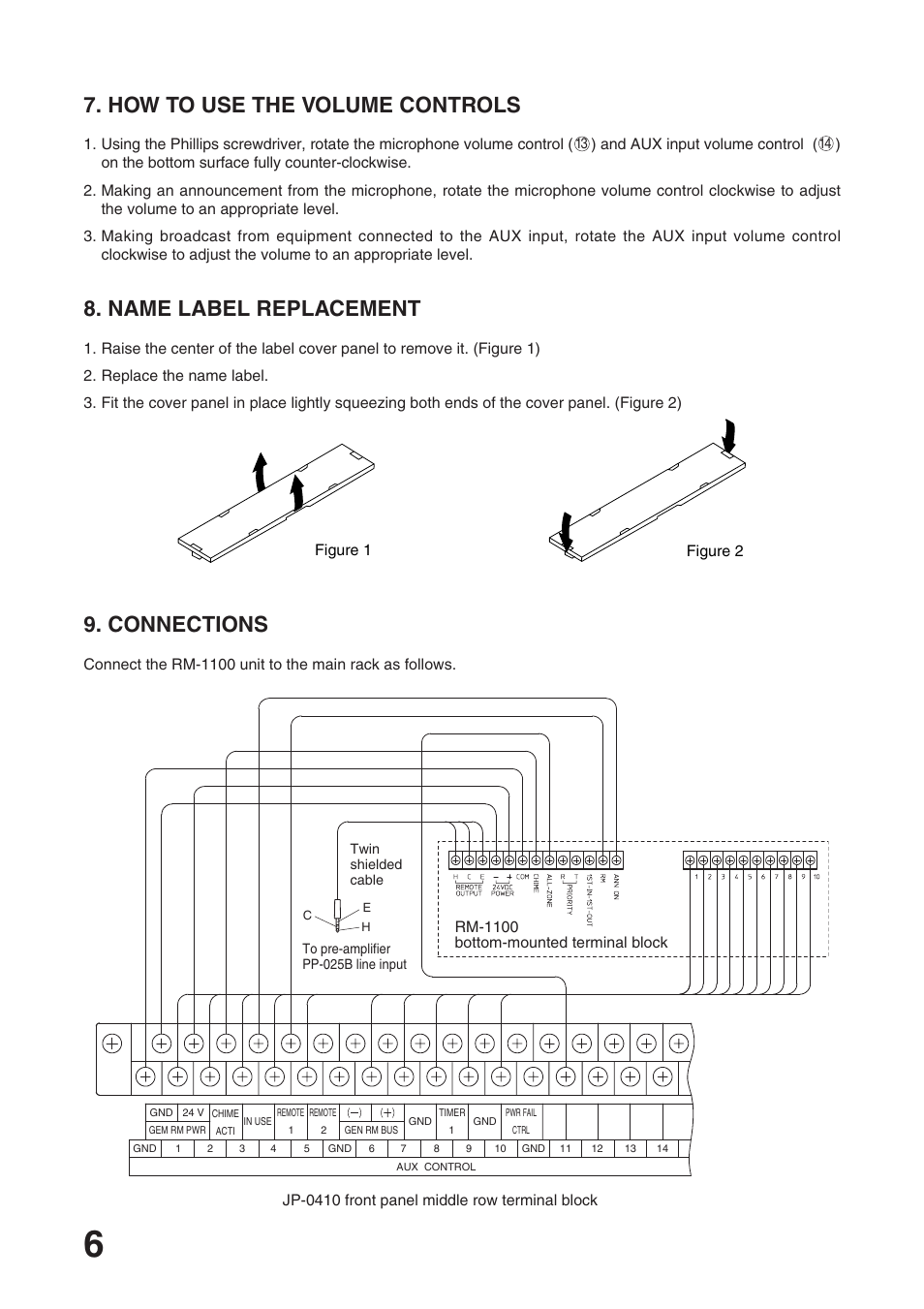 How to use the volume controls, Name label replacement, Connections | Toa RM-1100 User Manual | Page 6 / 8