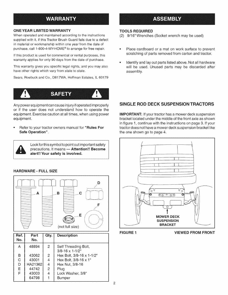 Warranty, One year limited warranty, Assemb | Tools reouired, Safety, Single rod deck suspension tractors | Craftsman 486.245992 User Manual | Page 2 / 8