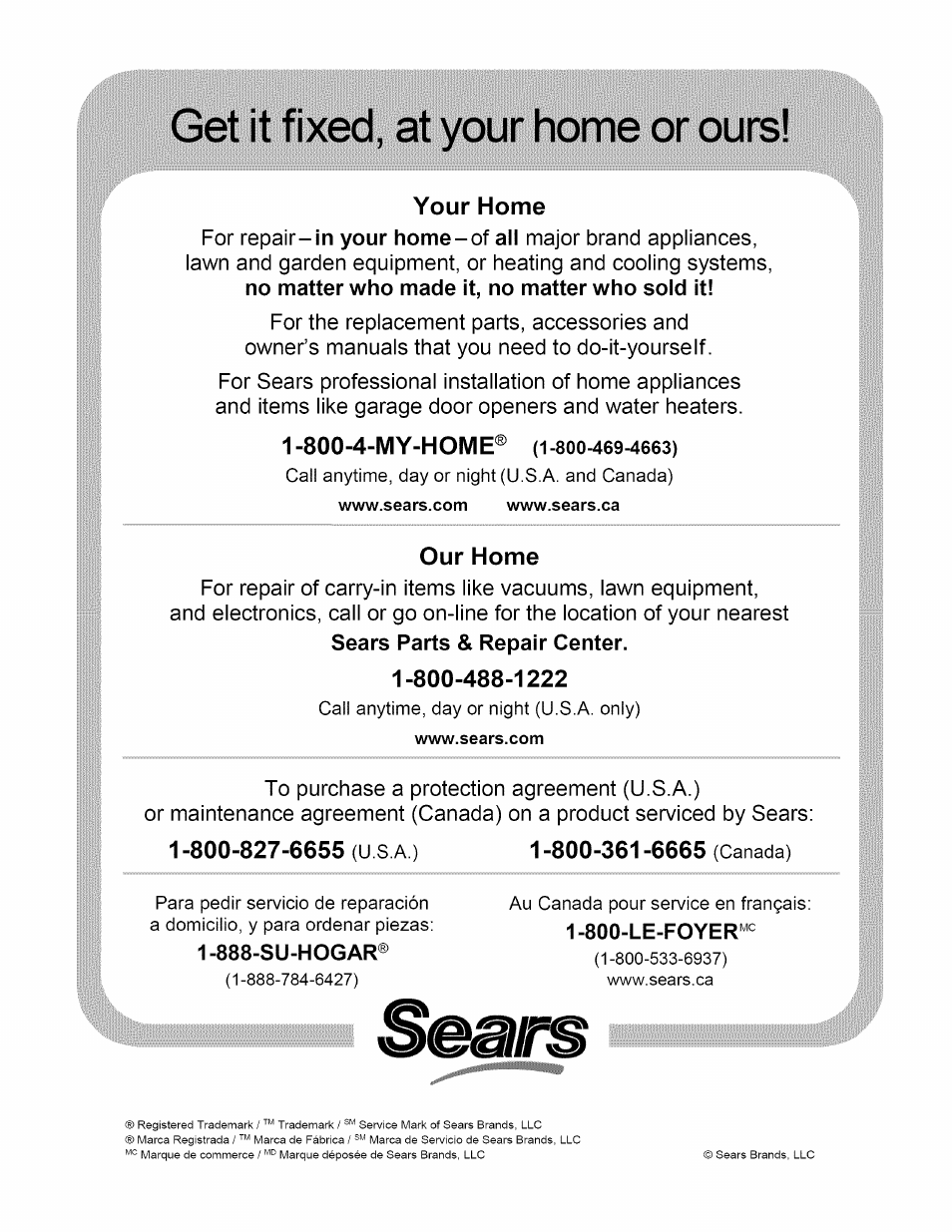 888-su-hogar, Get it fixed, at your home or ours, For repair | Craftsman 486.245992 User Manual | Page 8 / 8