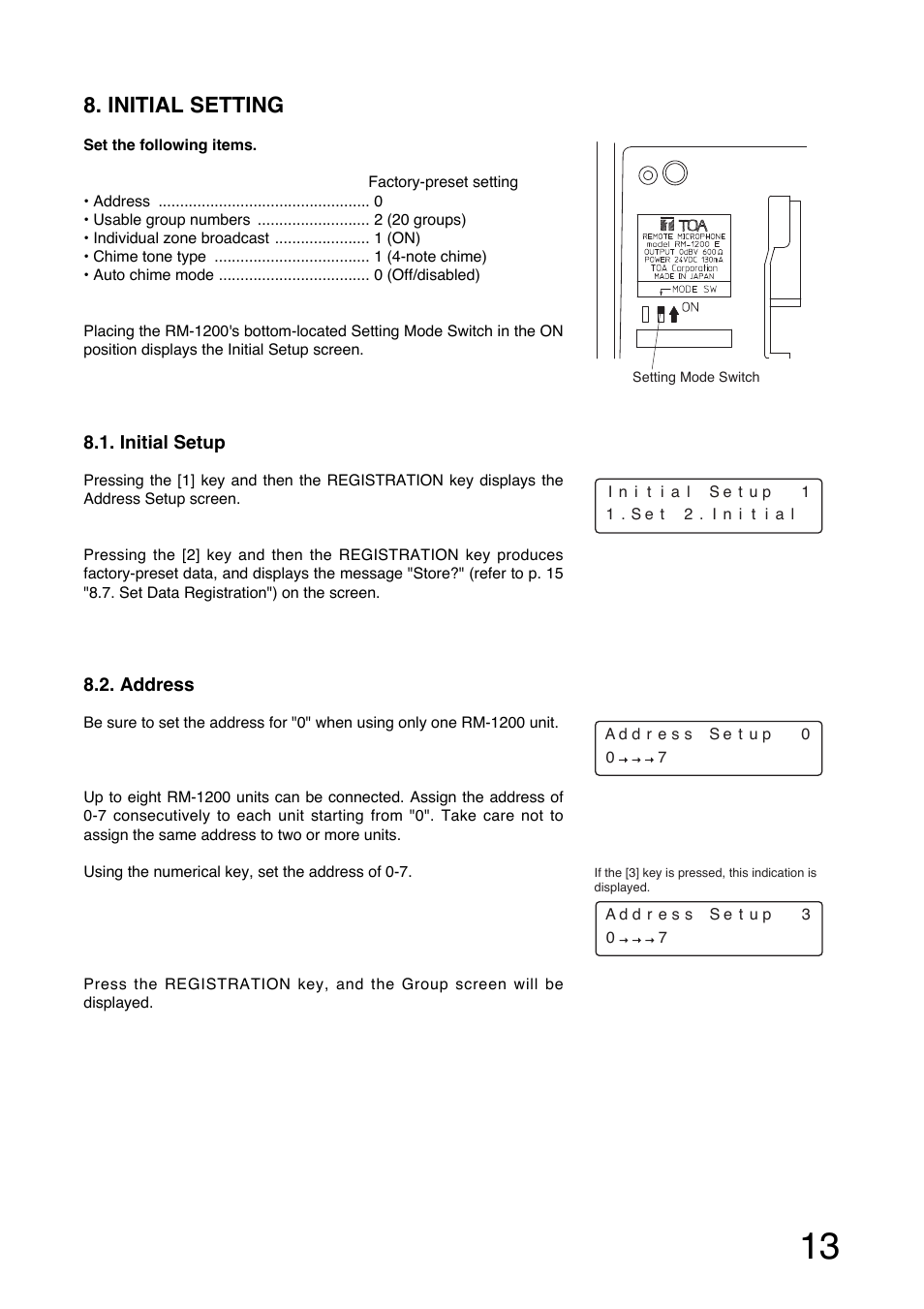 Initial setting | Toa RM-1200 User Manual | Page 13 / 20