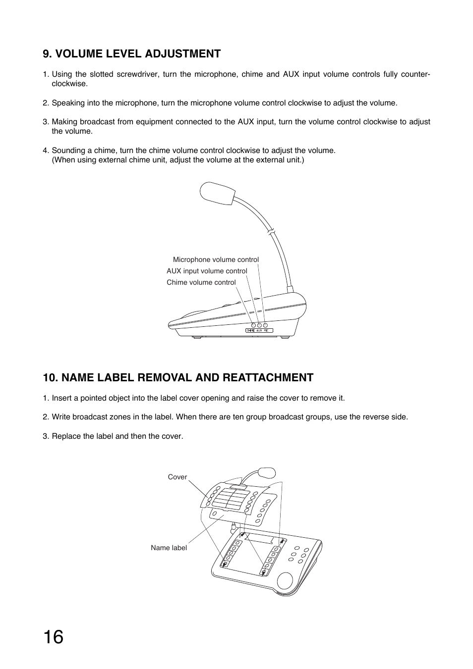 Volume level adjustment, Name label removal and reattachment | Toa RM-1200 User Manual | Page 16 / 20