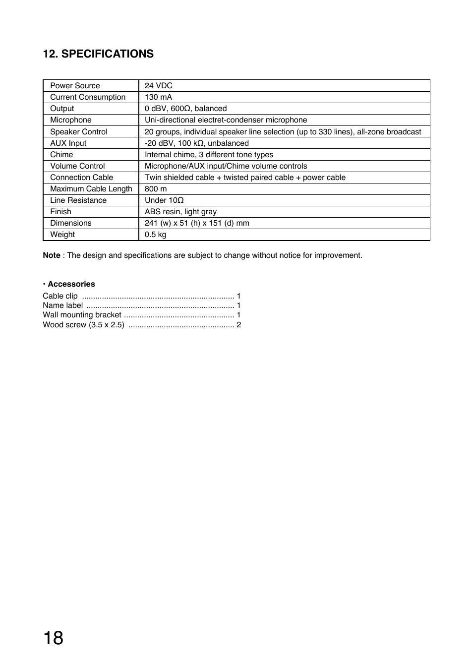 Specifications | Toa RM-1200 User Manual | Page 18 / 20