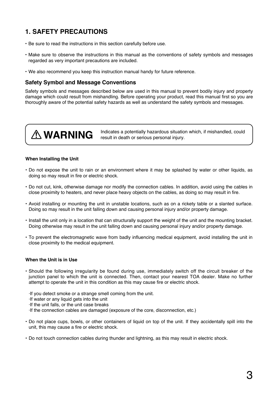 Warning, Safety precautions | Toa RM-1200 User Manual | Page 3 / 20