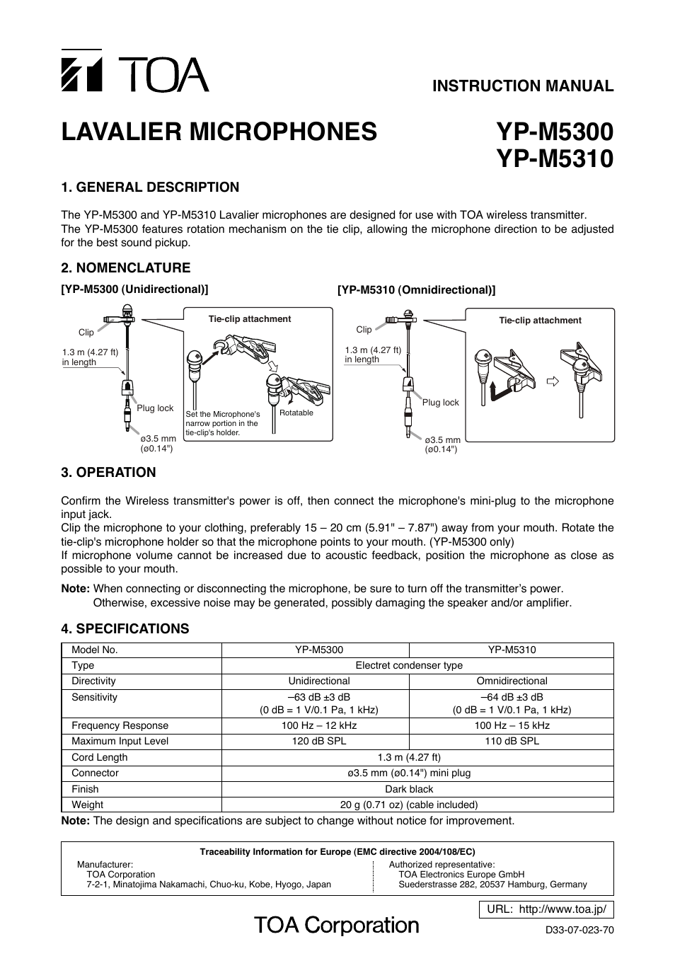 Toa YP-M5310 User Manual | 1 page