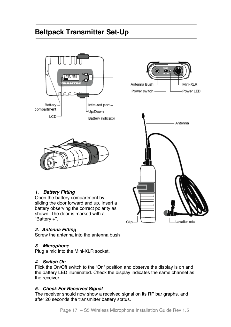 Beltpack transmitter set-up | Toa S5 Series Installation User Manual | Page 18 / 28