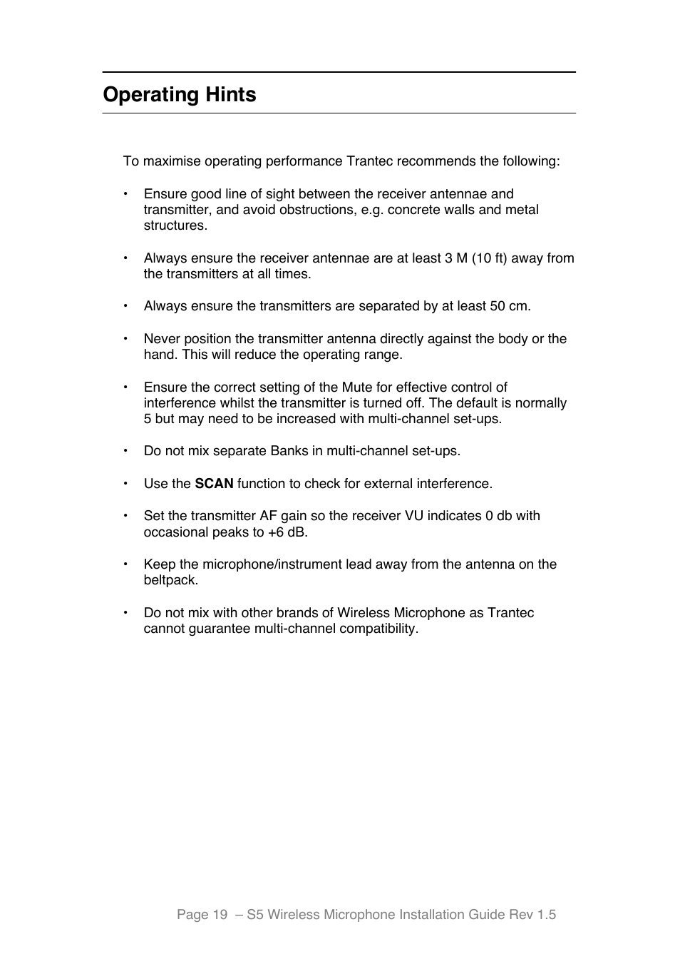 Operating hints | Toa S5 Series Installation User Manual | Page 20 / 28