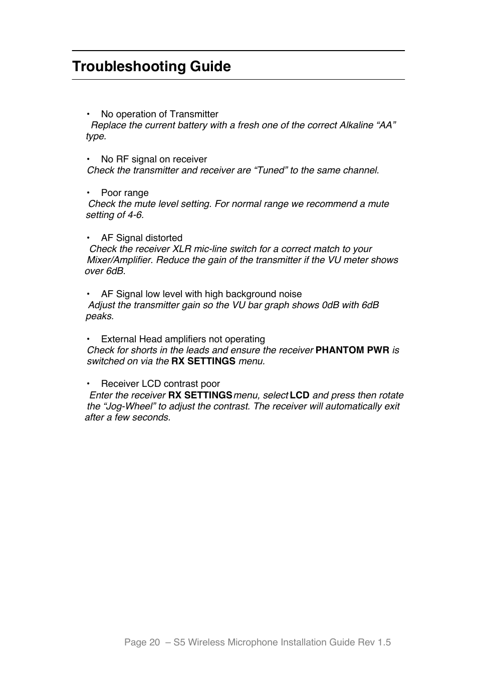 Troubleshooting guide | Toa S5 Series Installation User Manual | Page 21 / 28