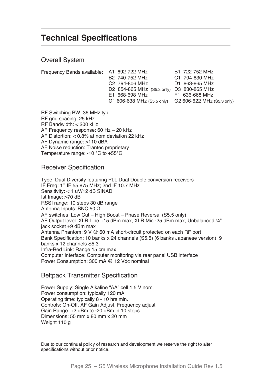 Technical specifications, Overall system, Receiver specification | Beltpack transmitter specification | Toa S5 Series Installation User Manual | Page 26 / 28