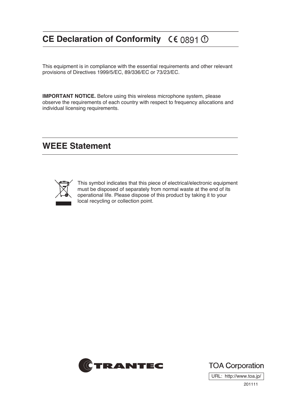 Ce declaration of conformity, weee statement, Ce declaration of conformity, Weee statement | Toa S5 Series Installation User Manual | Page 28 / 28