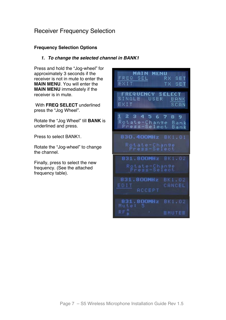 Receiver frequency selection | Toa S5 Series Installation User Manual | Page 8 / 28