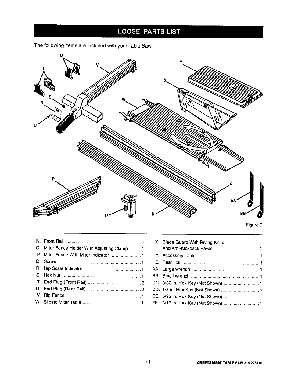 Loose parts list | Craftsman 315.228110 User Manual | Page 11 / 54