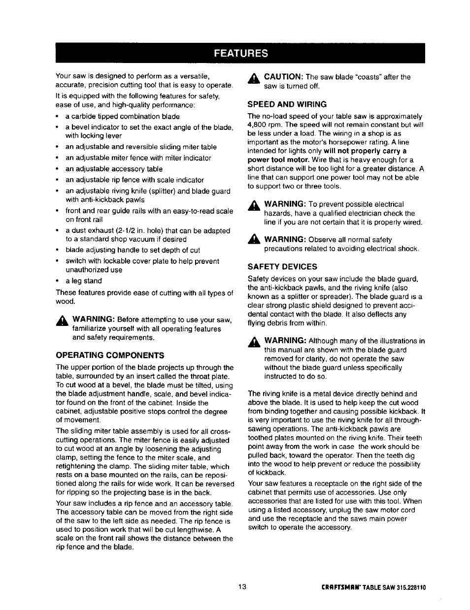 Operating components, Speed and wiring, Safety devices | Features | Craftsman 315.228110 User Manual | Page 13 / 54