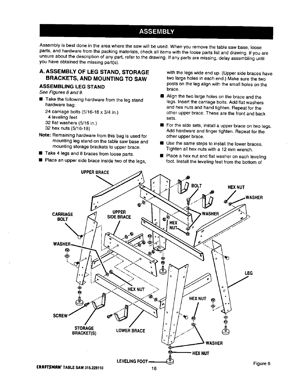 Assembling leg stand, Assembly | Craftsman 315.228110 User Manual | Page 16 / 54