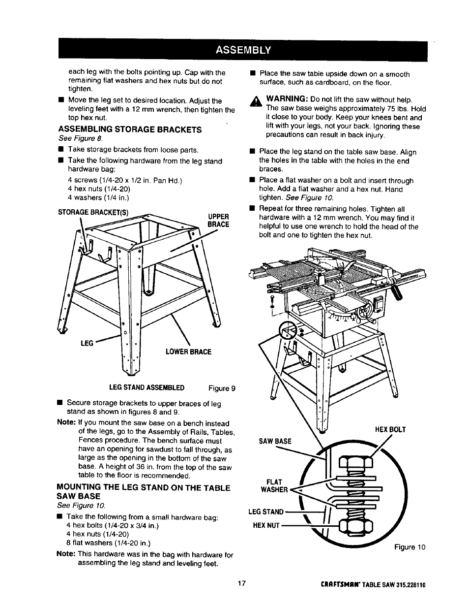 Assembling storage brackets, Mounting the leg stand on the table, Saw base | Mounting the leg stand on the table saw base, Assembly, In.) | Craftsman 315.228110 User Manual | Page 17 / 54