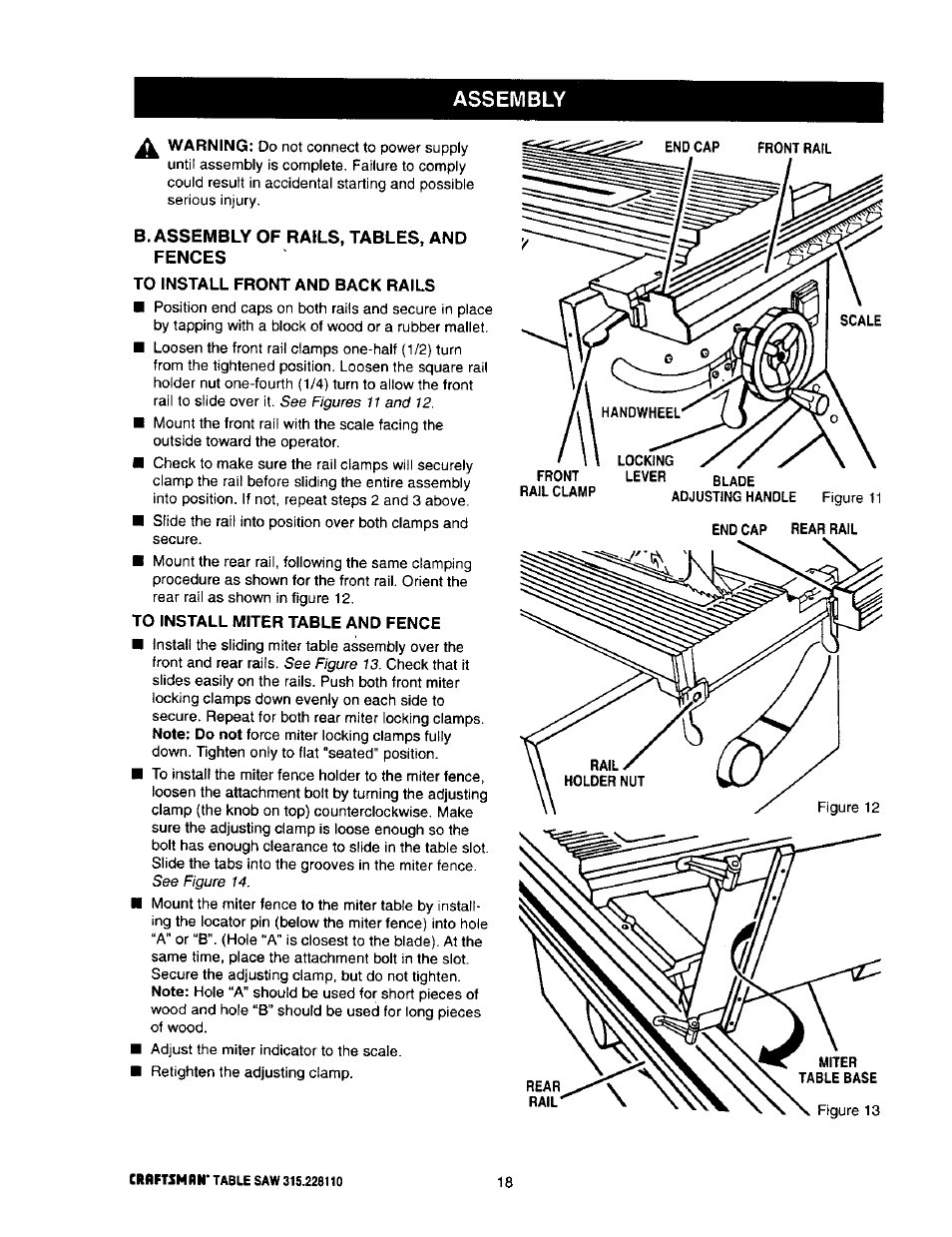 B. assembly of rails, tables, and fences, To install front and back rails, To install miter table and fence | B. assembly of rails, tables, and fences -19, Assembly | Craftsman 315.228110 User Manual | Page 18 / 54