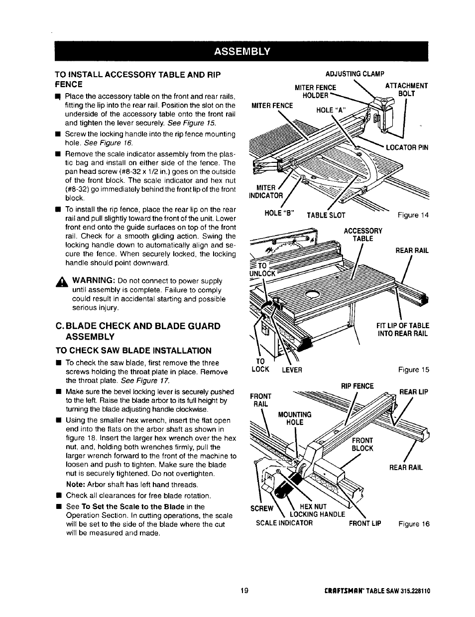 To install accessory table and rip, Fence, C. blade check and blade guard assembly | To check saw blade installation, To install accessory table and rip fence, Blade check and blade guard assembly -20, Assembly | Craftsman 315.228110 User Manual | Page 19 / 54