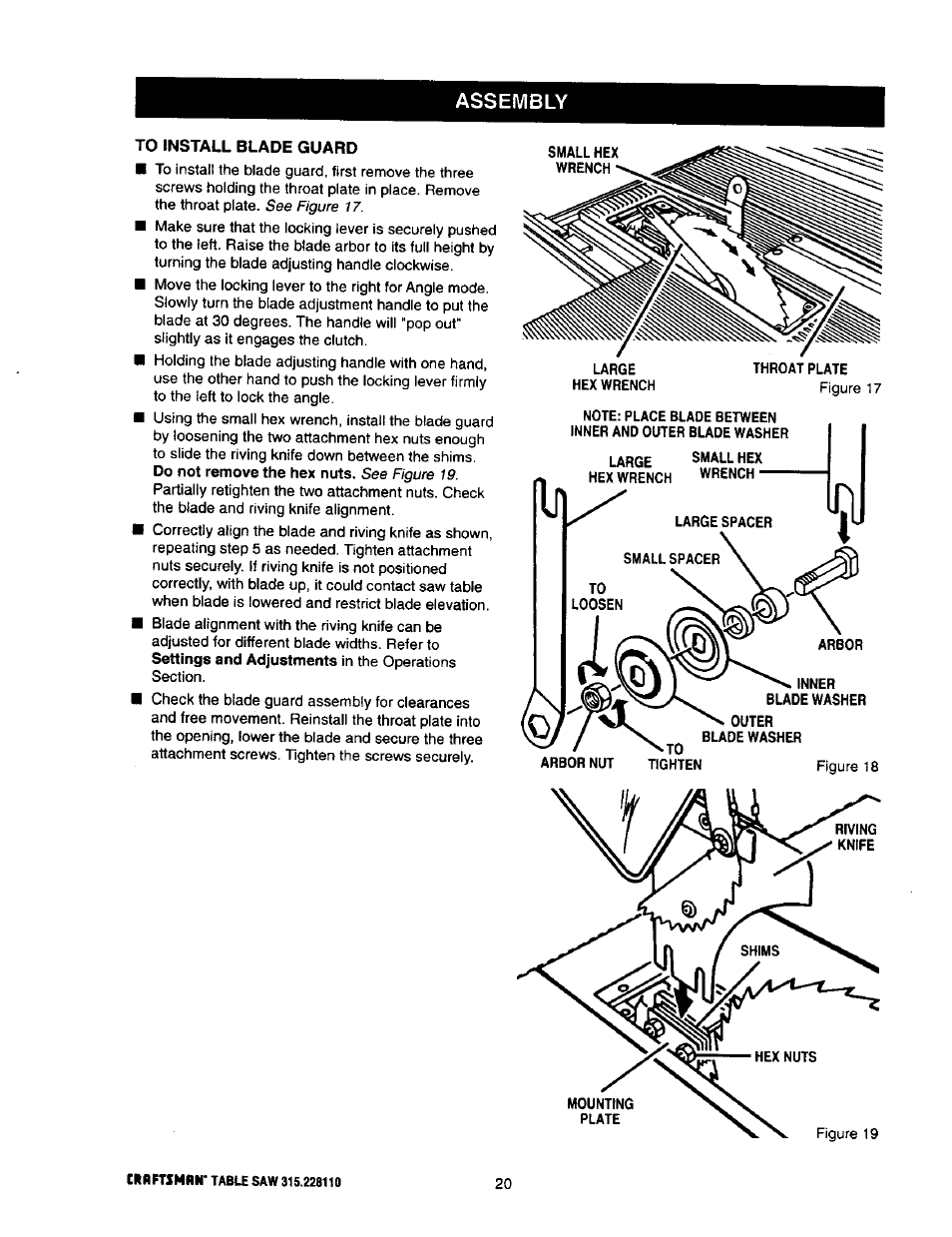 To install blade guard, Assembly | Craftsman 315.228110 User Manual | Page 20 / 54