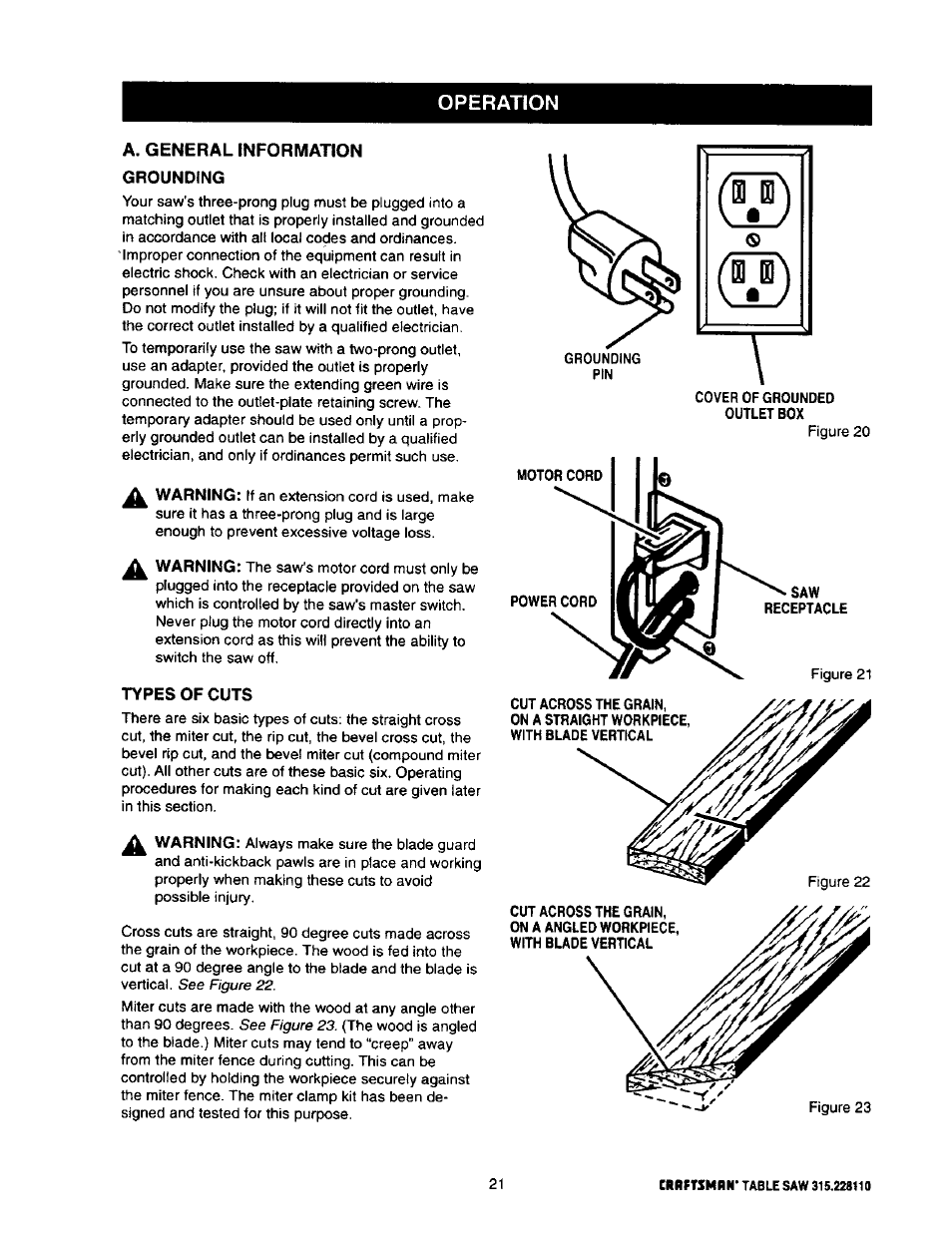 A. general information grounding, Types of cuts, A. general information | Operation | Craftsman 315.228110 User Manual | Page 21 / 54