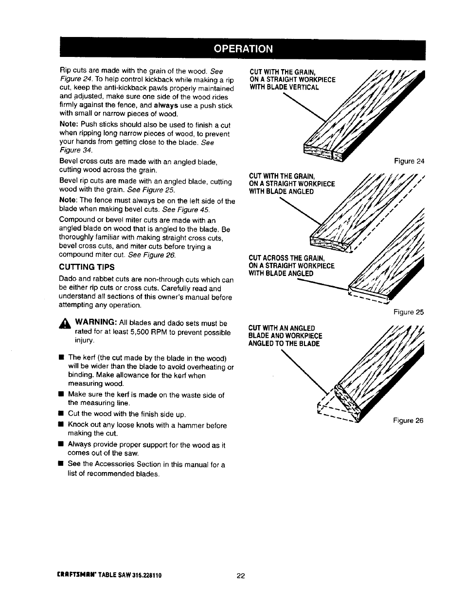 Cutting tips, Operation | Craftsman 315.228110 User Manual | Page 22 / 54