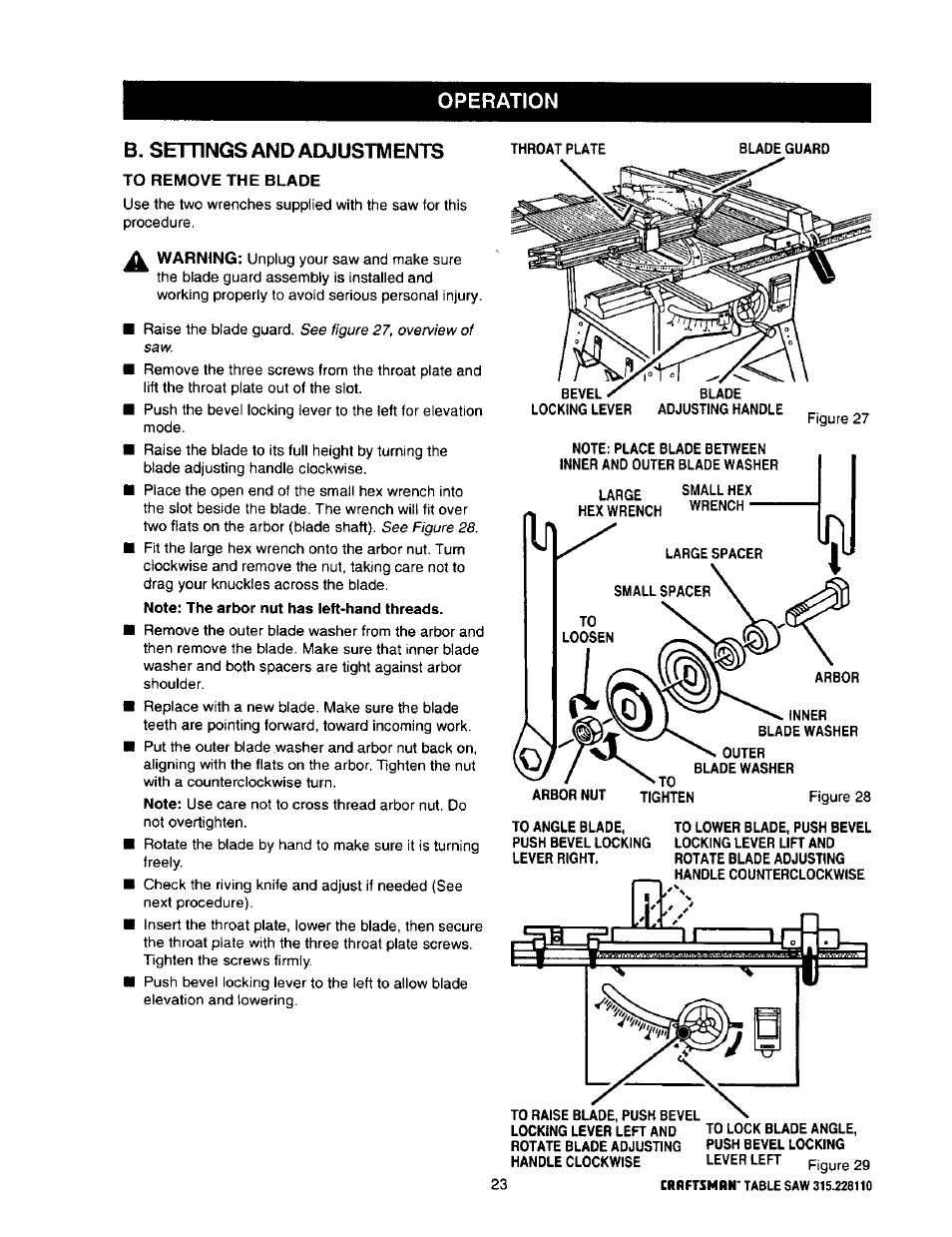 Operation в. settings and adjustments | Craftsman 315.228110 User Manual | Page 23 / 54