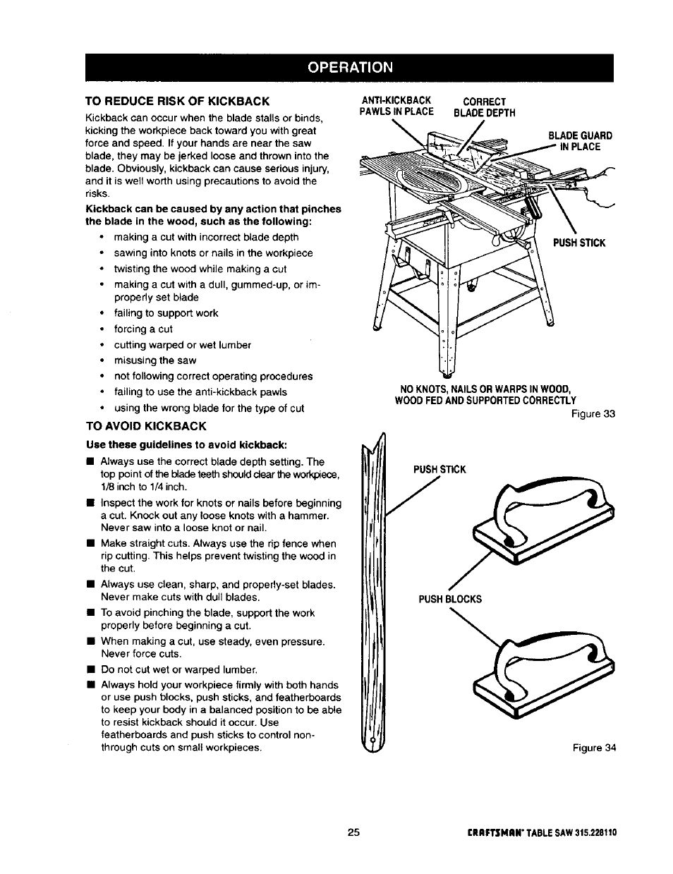 To reduce risk of kickback, To reduce the risk of kickback, Operation | Craftsman 315.228110 User Manual | Page 25 / 54