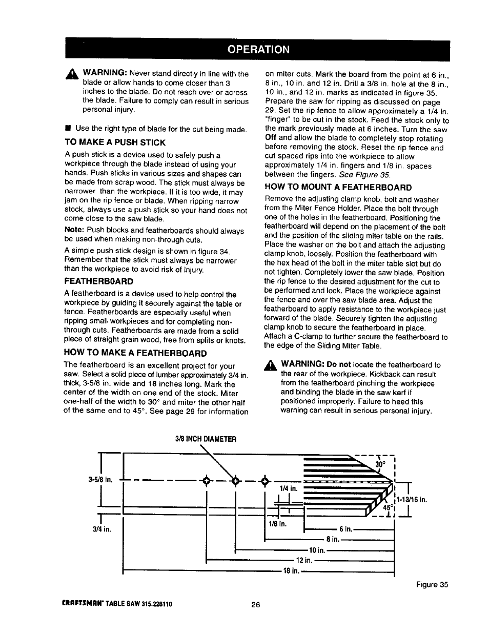 To make a push stick, Featherboard, How to make a featherboard | How to mount a featherboard, Operation | Craftsman 315.228110 User Manual | Page 26 / 54