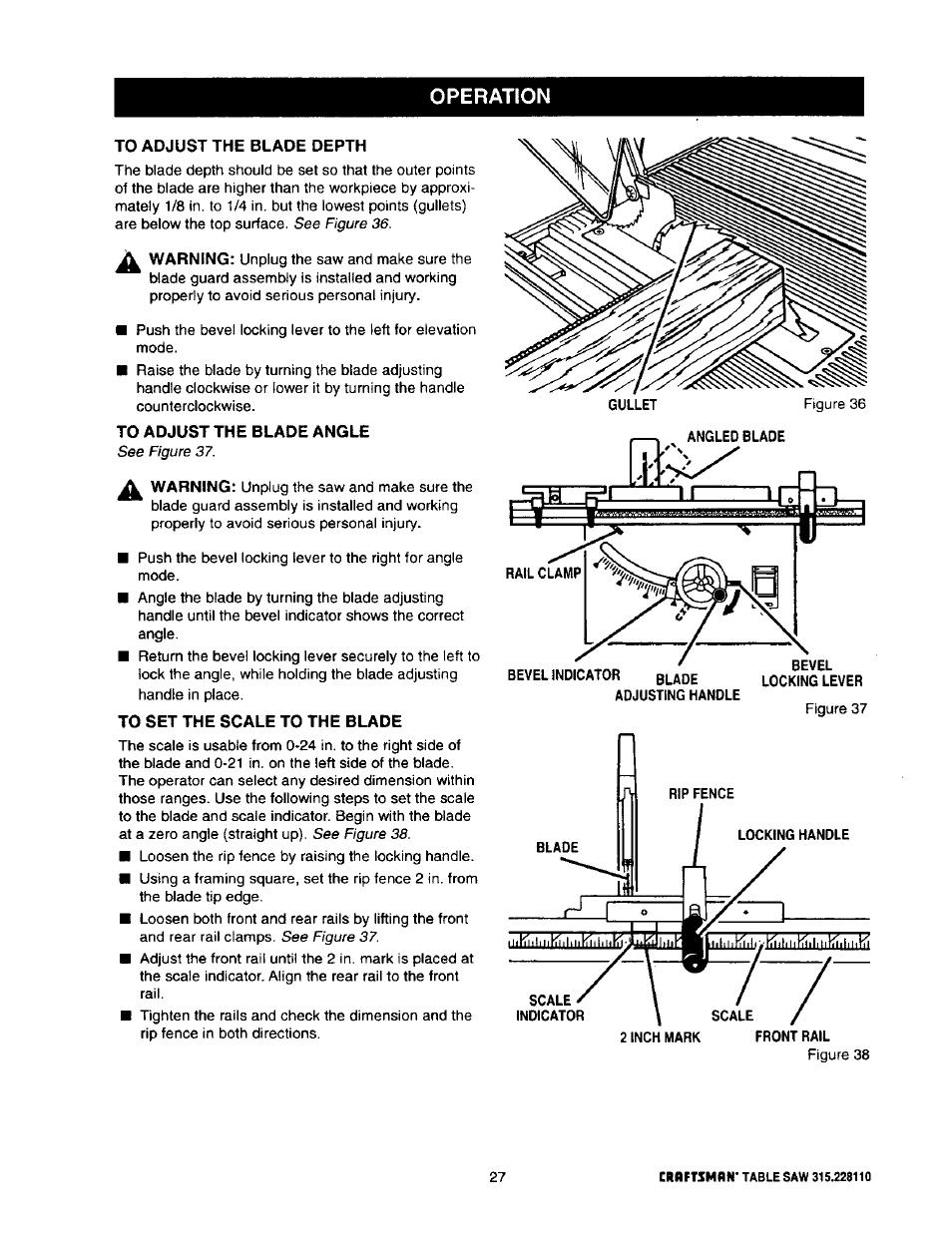 To adjust the blade depth, To adjust the blade angle, To set the scale to the blade | To adjust blade depth, To adjust blade angle, Operation | Craftsman 315.228110 User Manual | Page 27 / 54