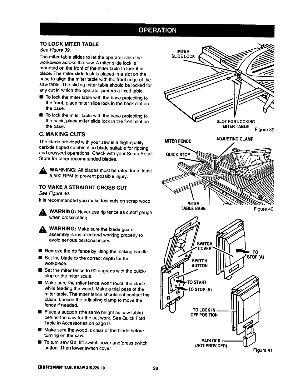 To lock miter table, C. making cuts, To make a straight cross cut | C. making cuts -33, To make a straight cross cut -29, Operation | Craftsman 315.228110 User Manual | Page 28 / 54