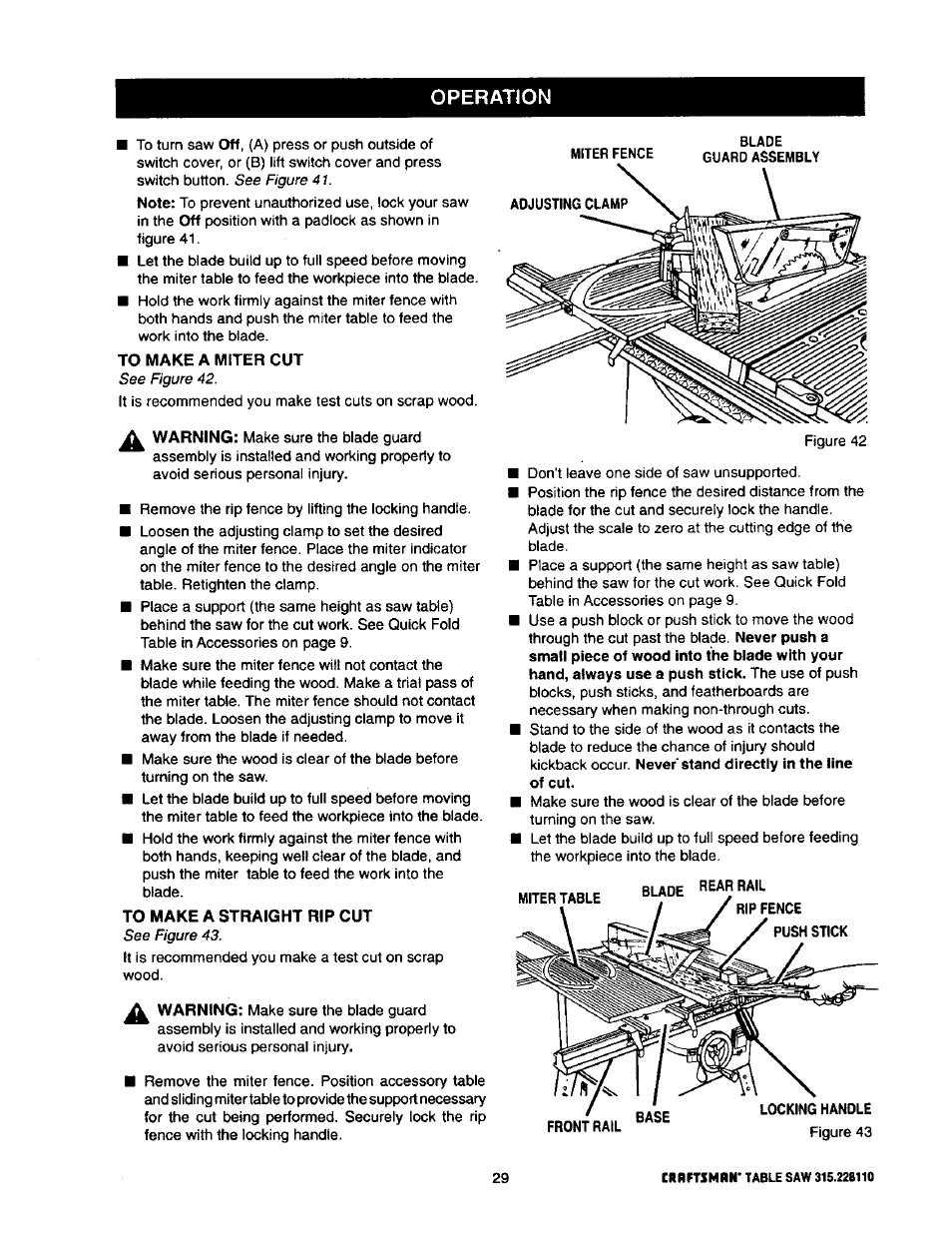 To make a miter cut, To make a straight rip cut, Operation | Craftsman 315.228110 User Manual | Page 29 / 54