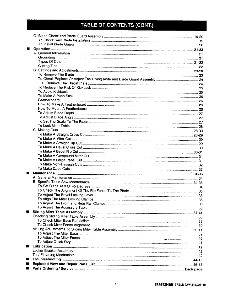 Table of contents (cont.) | Craftsman 315.228110 User Manual | Page 3 / 54