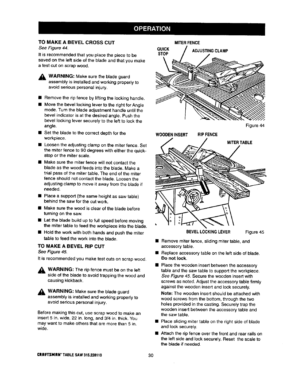 To make a bevel cross cut, To make a bevel rip cut, To make a bevel rip cut -31 | Operation | Craftsman 315.228110 User Manual | Page 30 / 54