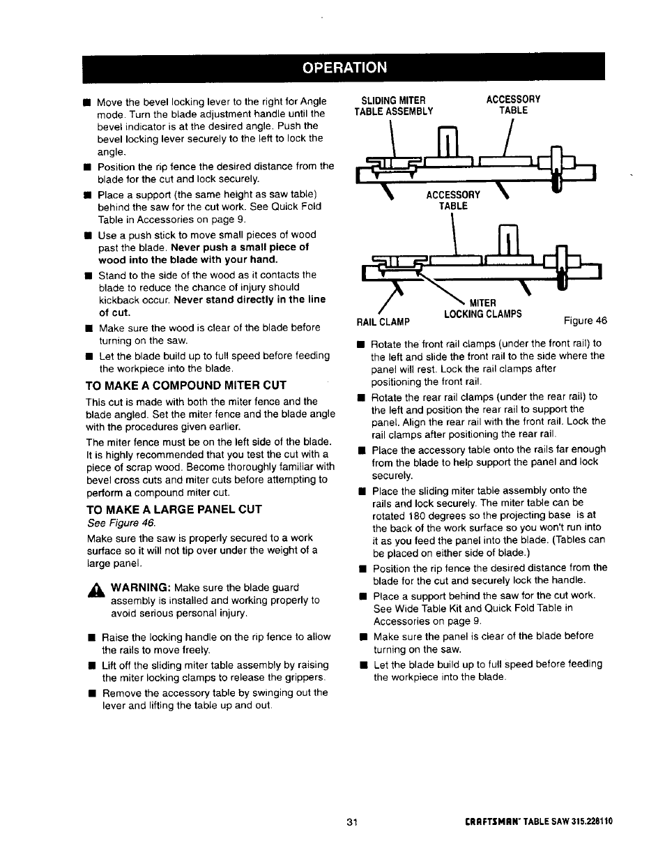 To make a compound miter cut, To make a large panel cut, Operation | Craftsman 315.228110 User Manual | Page 31 / 54