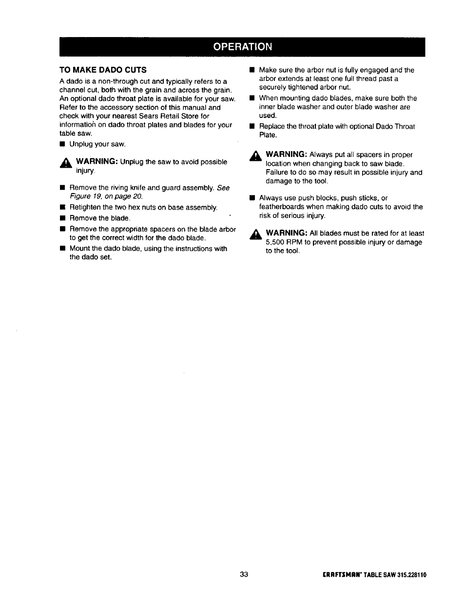 To make dado cuts, Operation | Craftsman 315.228110 User Manual | Page 33 / 54