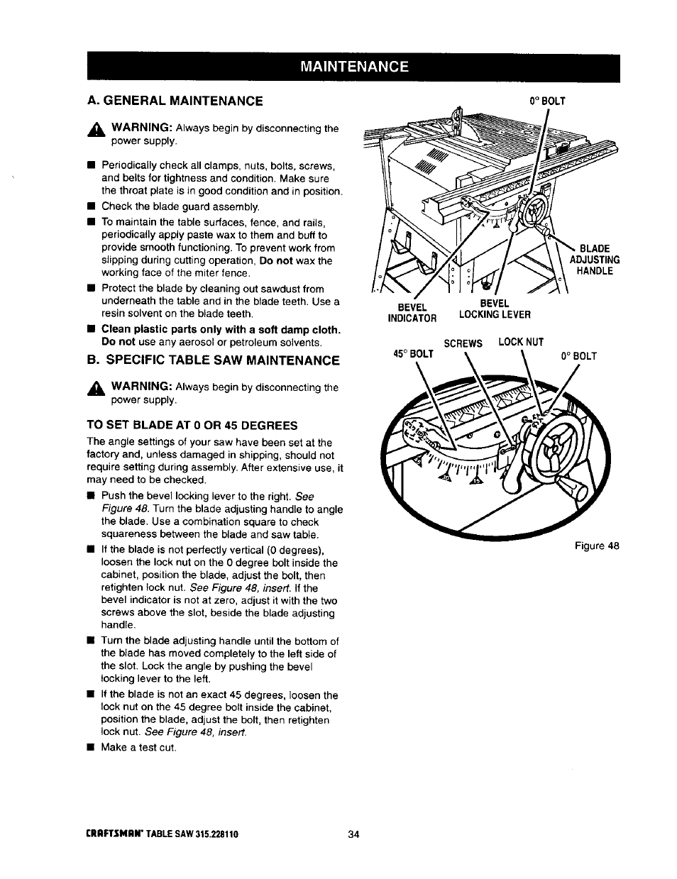 A. general maintenance, B. specific table saw maintenance, To set blade at 0 or 45 degrees | B. specific table saw maintenance -36, To set blade at, Or 45 degrees, Maintenance | Craftsman 315.228110 User Manual | Page 34 / 54