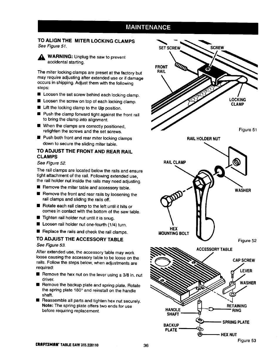 To align the miter locking clamps, To adjust the front and rear rail clamps, To adjust the accessory table | Maintenance | Craftsman 315.228110 User Manual | Page 36 / 54