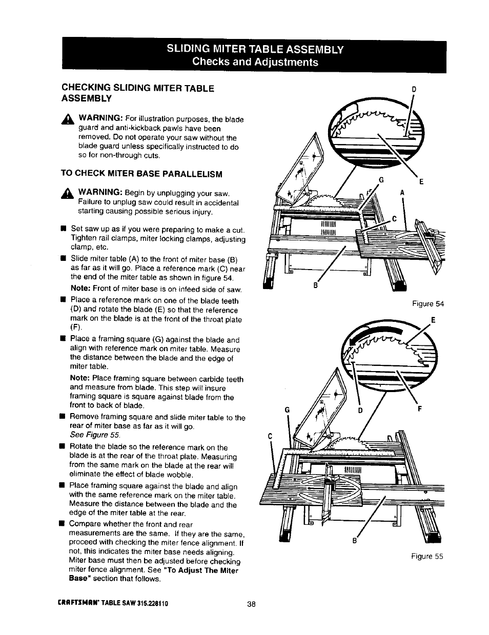 Checking sliding miter table assembly, To check miter base parallelism, Sliding miter table assembly -41 | Craftsman 315.228110 User Manual | Page 38 / 54