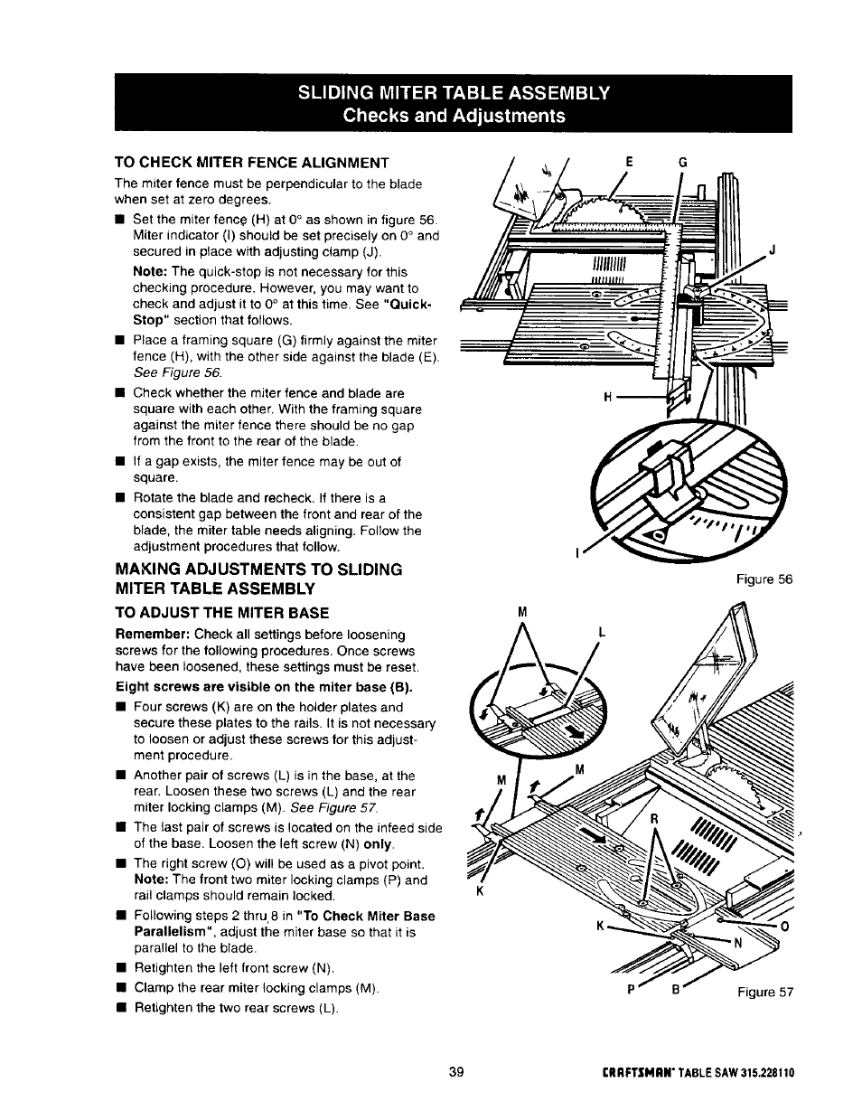 To check miter fence alignment, Making adjustments to sliding miter table assembly | Craftsman 315.228110 User Manual | Page 39 / 54