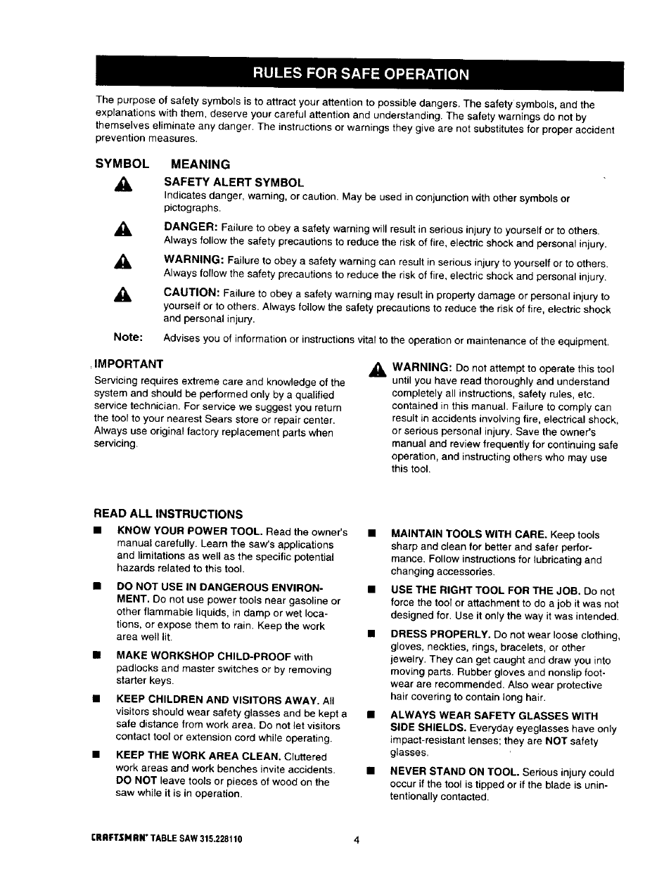 Meaning, Safety alert symbol, Important | Read all instructions, Rules for safe operation | Craftsman 315.228110 User Manual | Page 4 / 54