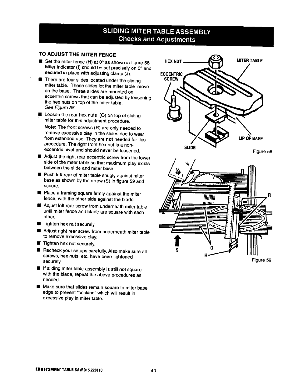 To adjust the miter fence, To adjust the miter base | Craftsman 315.228110 User Manual | Page 40 / 54