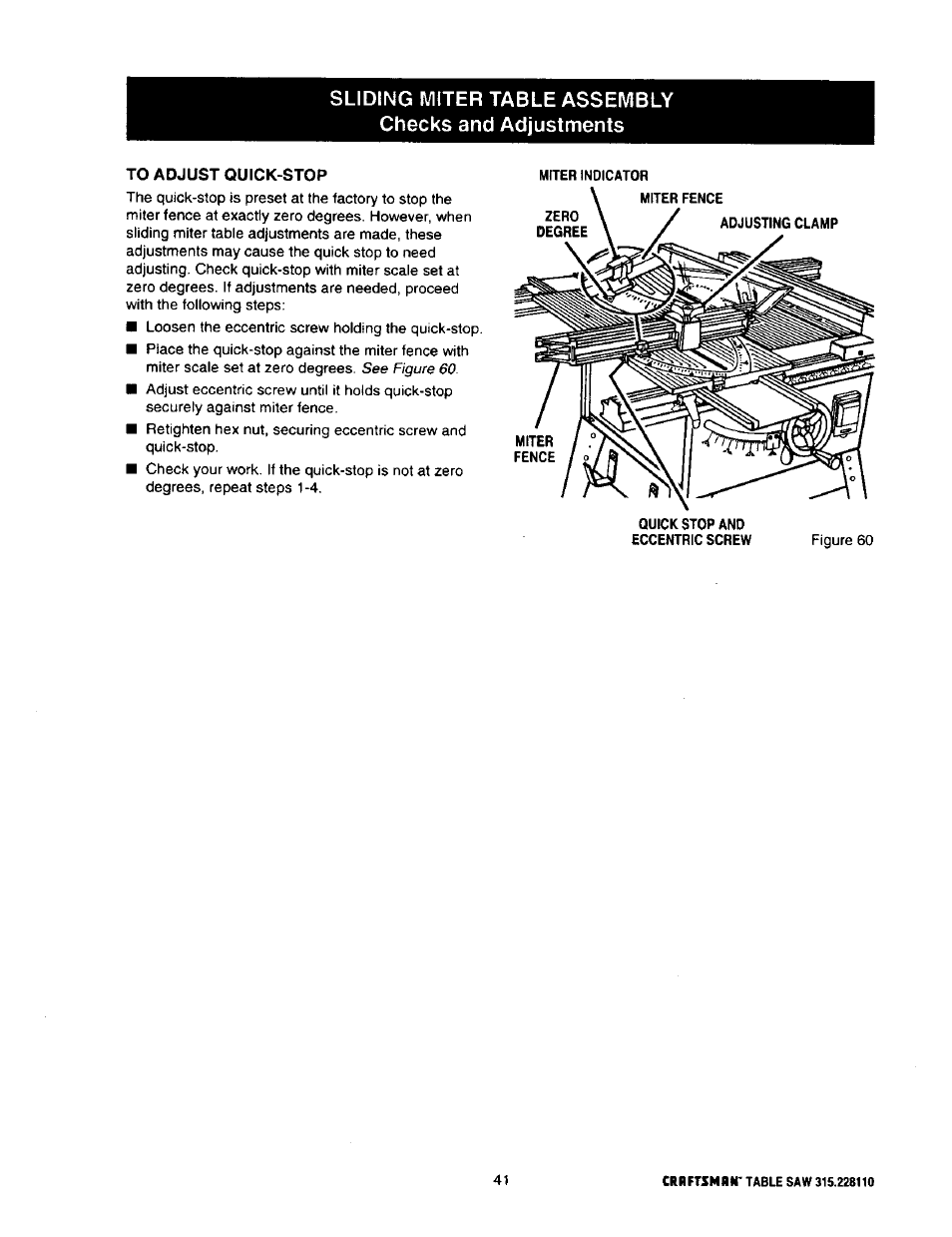 To adjust quick-stop, To adjust quick stop | Craftsman 315.228110 User Manual | Page 41 / 54