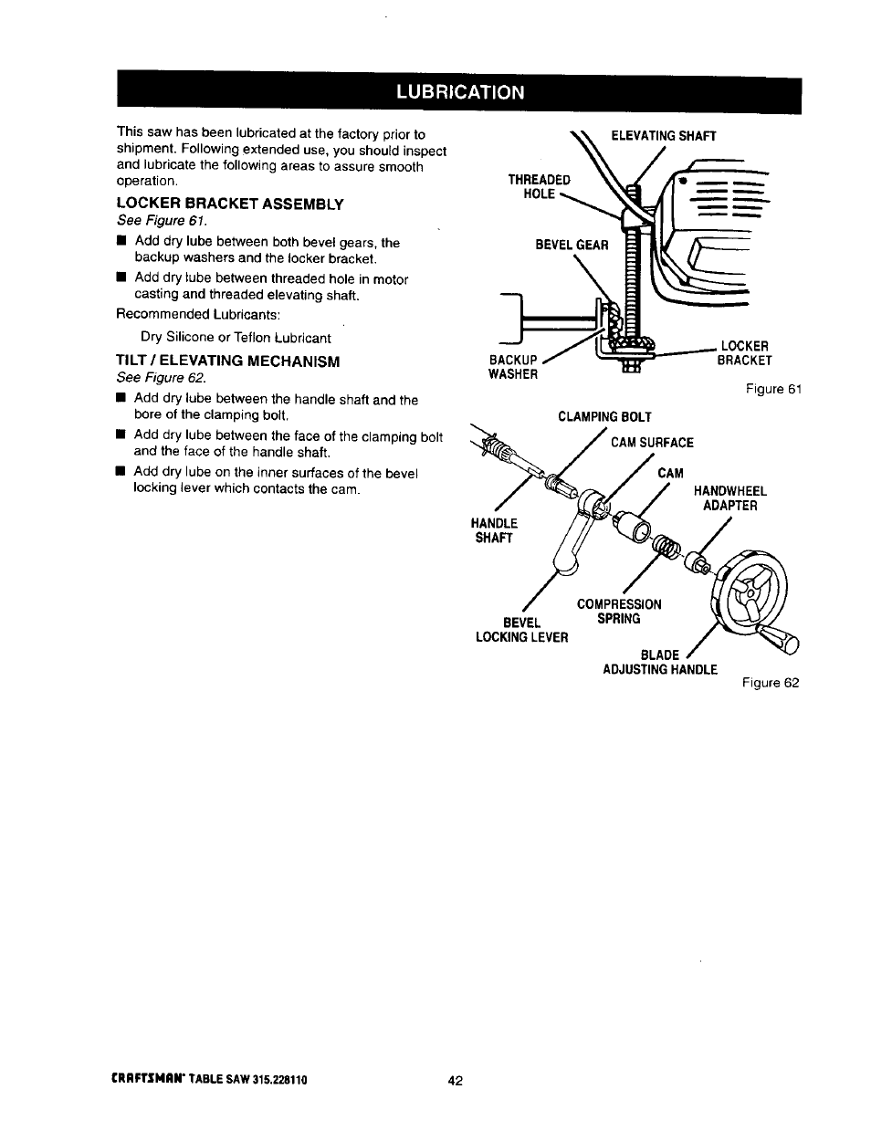 Locker bracket assembly, Tilt / elevating mechanism, Lubrication | Craftsman 315.228110 User Manual | Page 42 / 54