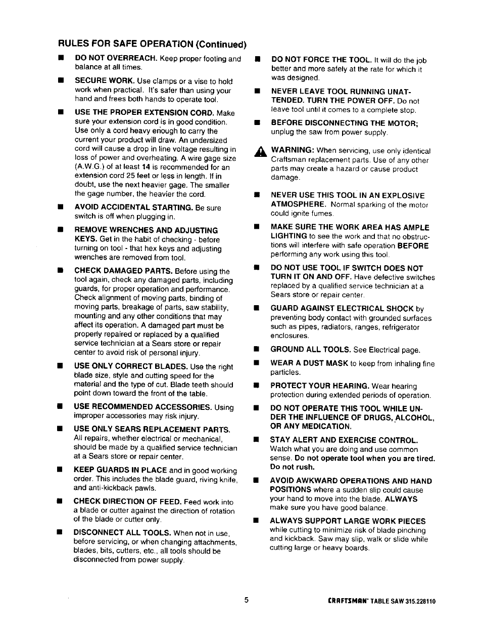 Rules for safe operation (continued) | Craftsman 315.228110 User Manual | Page 5 / 54