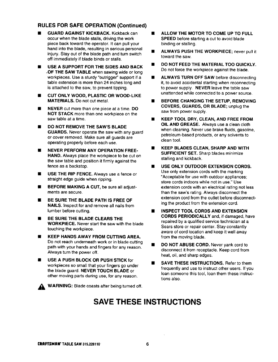 Save these instructions, Rules for safe operation (continued) | Craftsman 315.228110 User Manual | Page 6 / 54