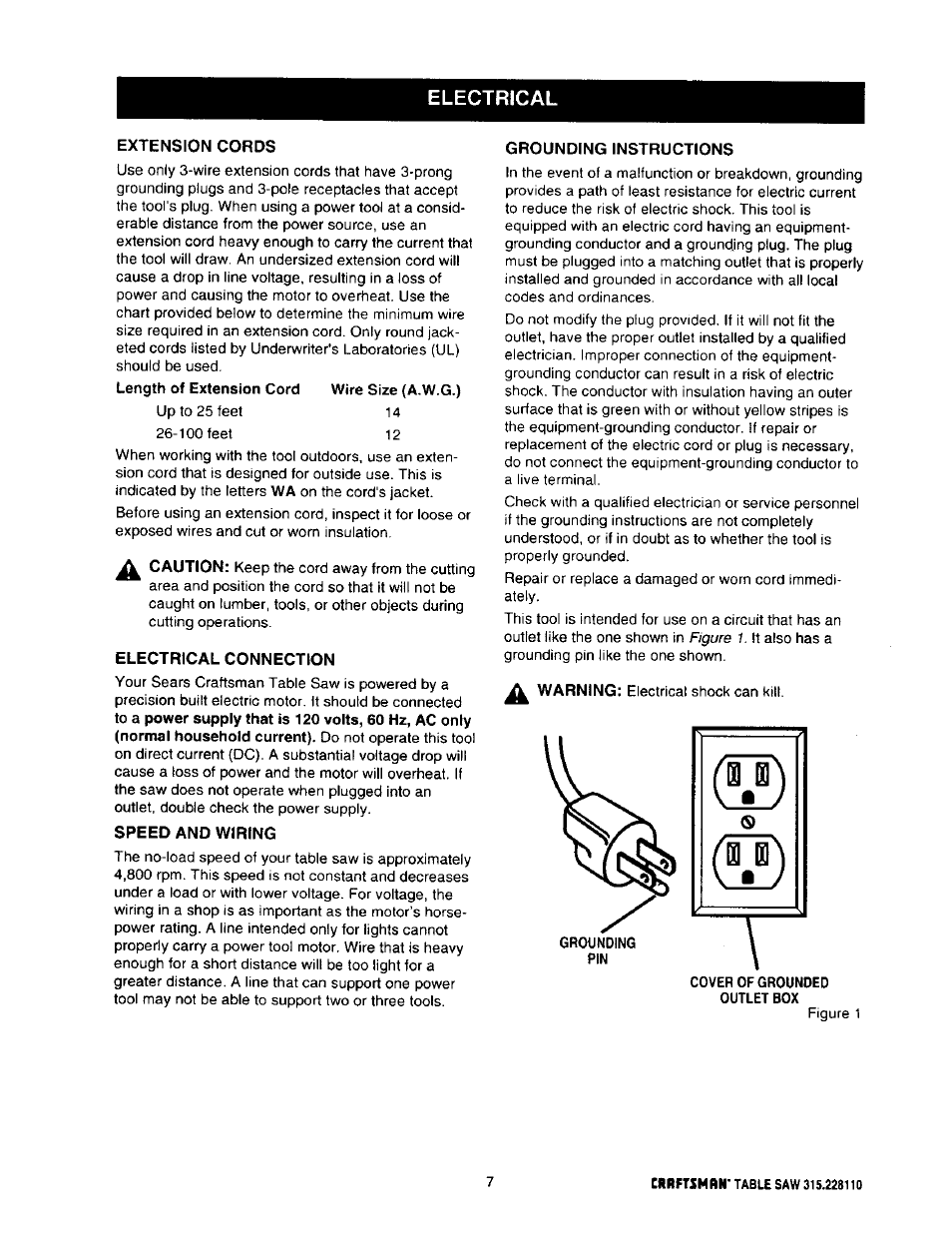 Electrical, Extension cords, Electrical connection | Speed and wiring, Grounding instructions | Craftsman 315.228110 User Manual | Page 7 / 54