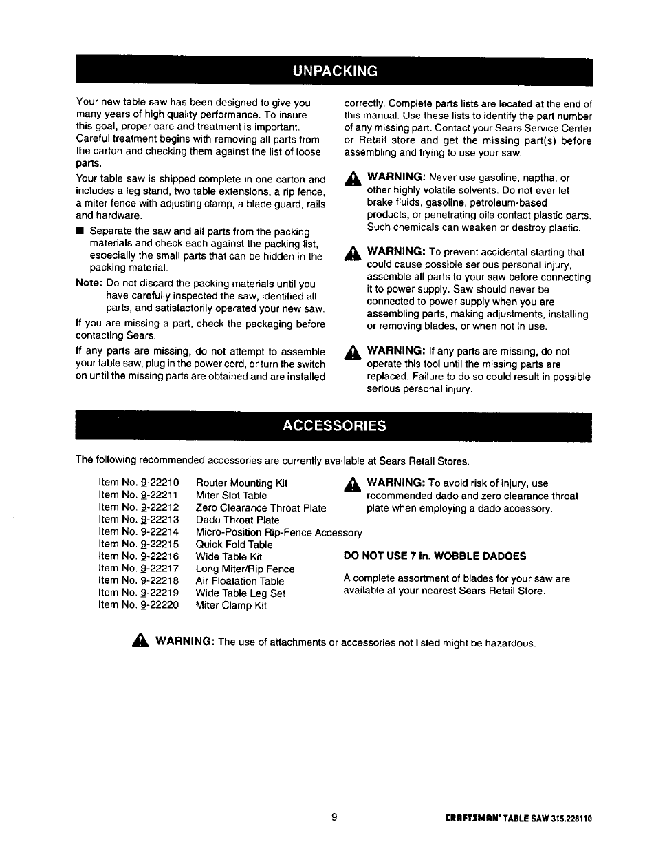 Unpacking, Accessories | Craftsman 315.228110 User Manual | Page 9 / 54