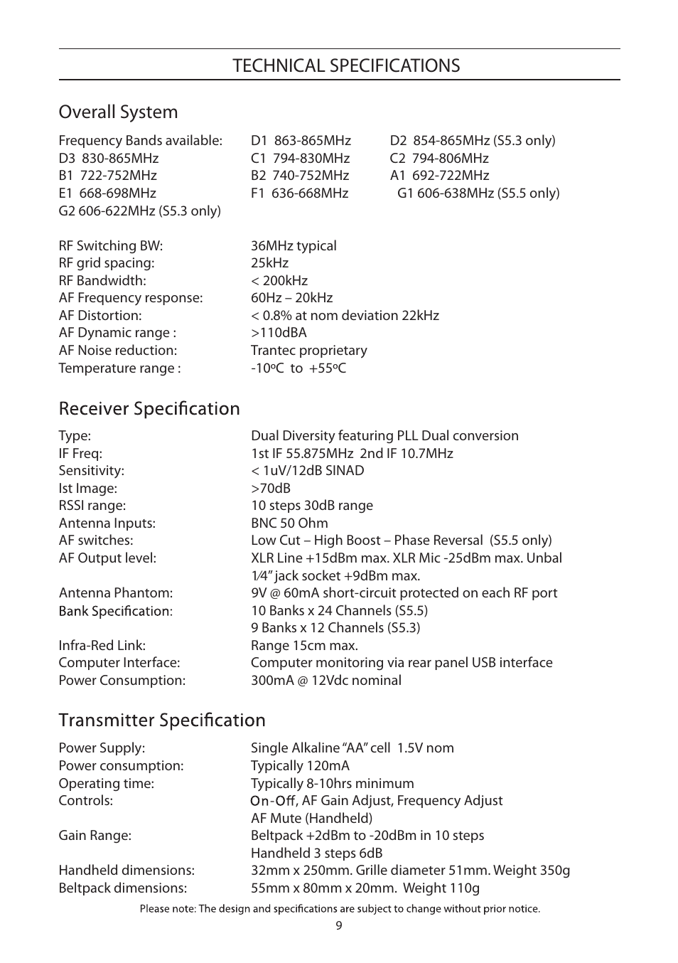 Technical, Specifi cations, Technical specifications overall system | Toa S5 Series Manual User Manual | Page 10 / 12