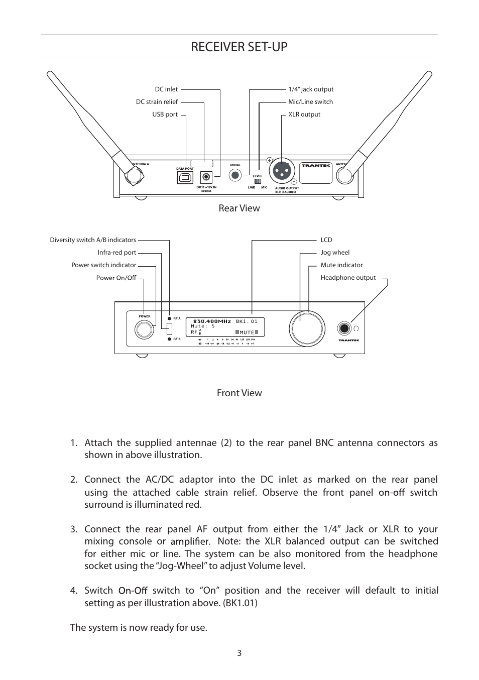 Receiver, Set-up, Receiver set-up | Toa S5 Series Manual User Manual | Page 4 / 12