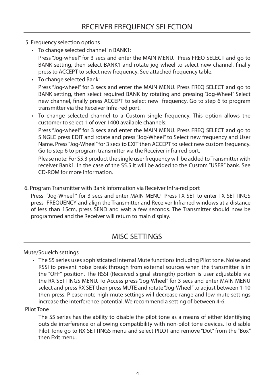 Receiver frequency selection, Misc settings | Toa S5 Series Manual User Manual | Page 5 / 12