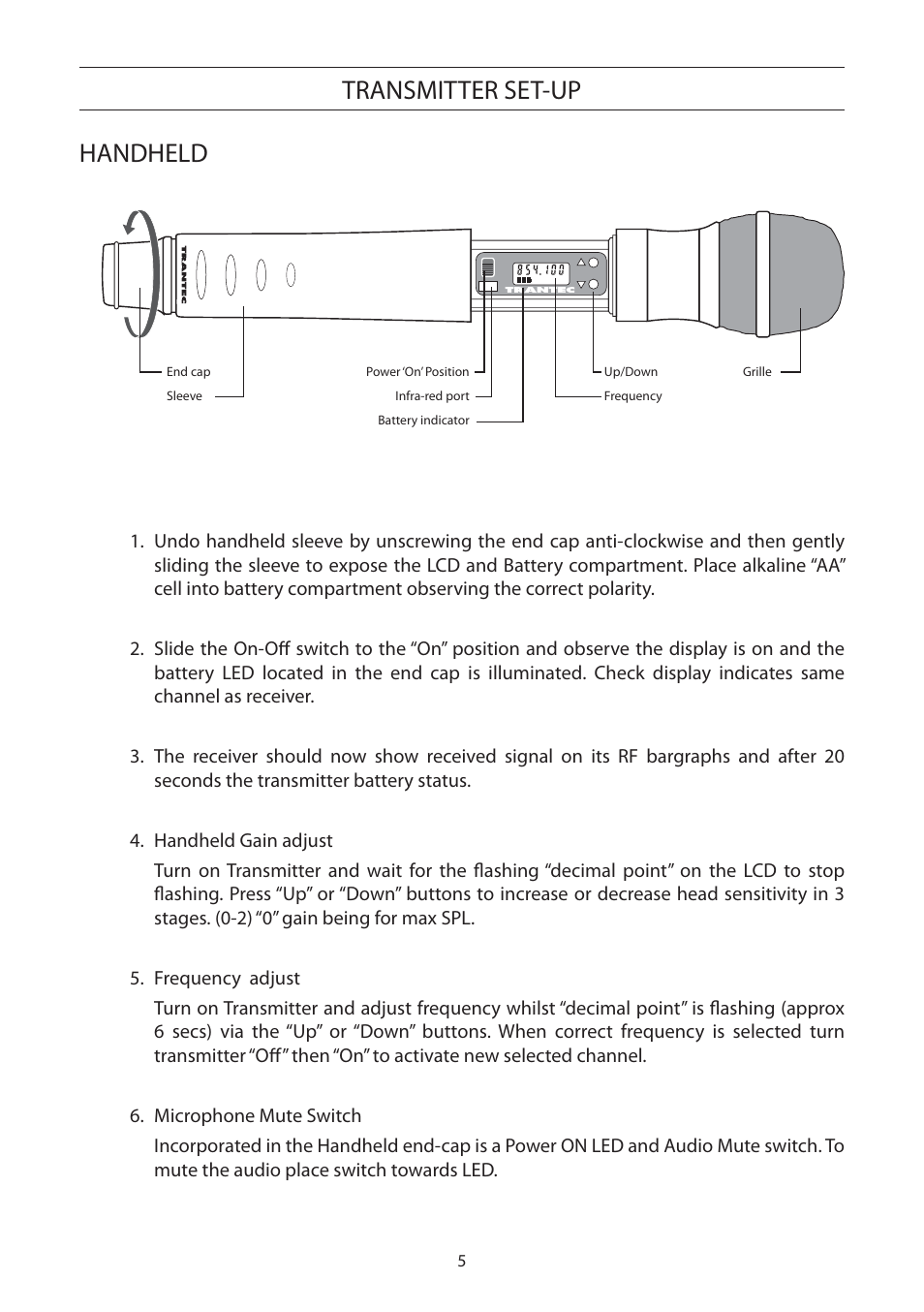 Handheld transmitter set-up, Transmitter set-up handheld | Toa S5 Series Manual User Manual | Page 6 / 12